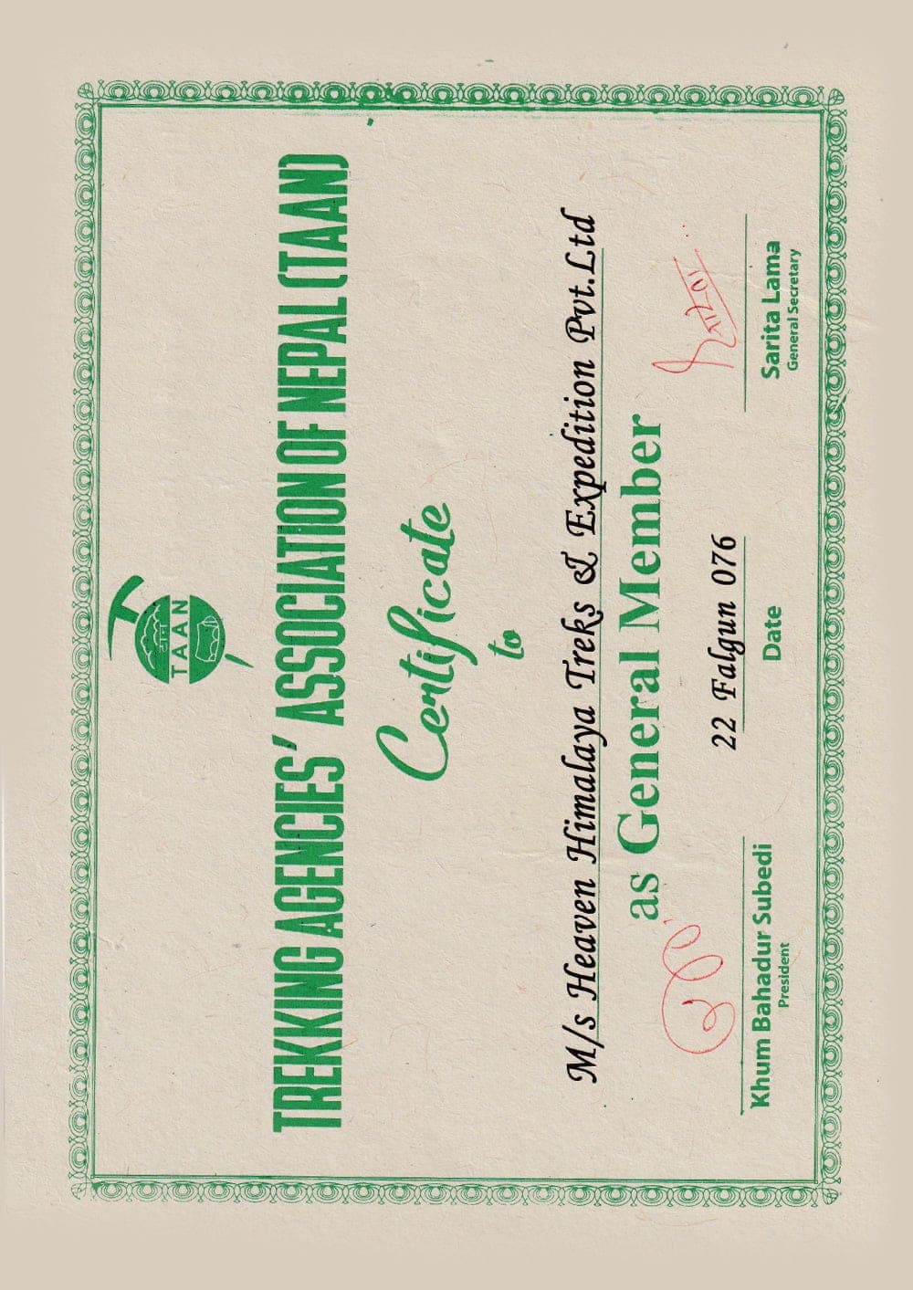 Membership Certificate of TAAN
