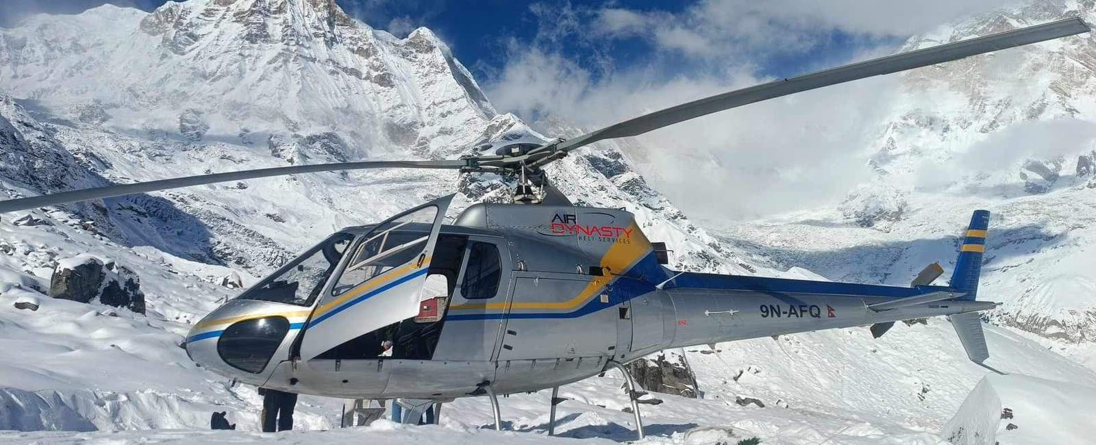 Helicopter at base ready to fly over the Himalayas to Everest Base Camp