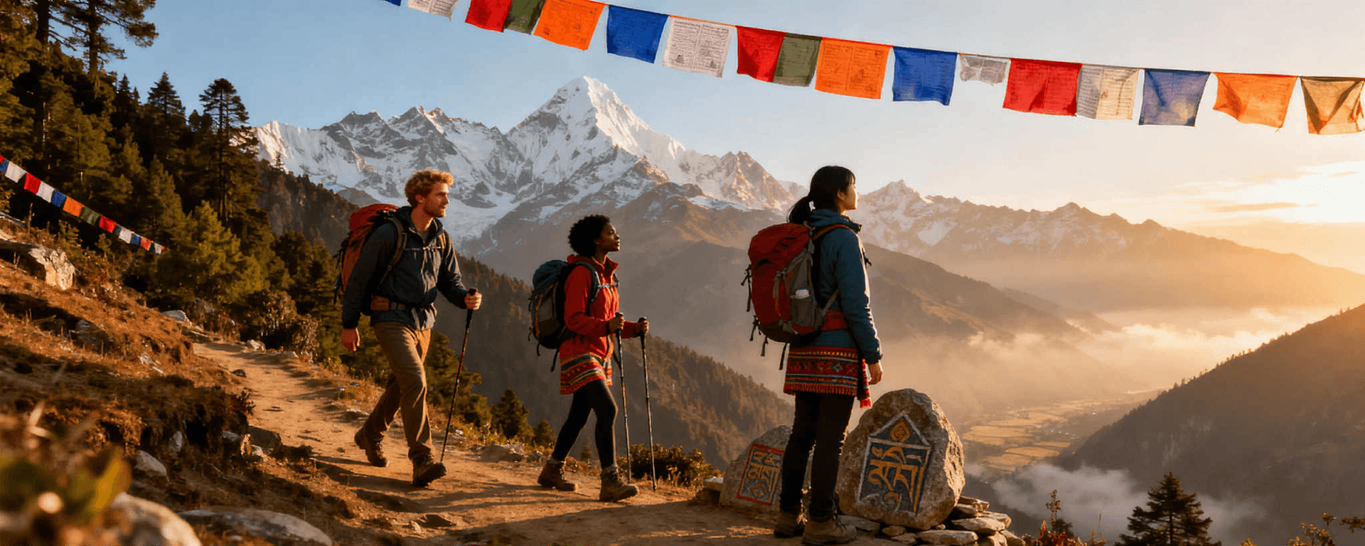 AI image showing trekkers enjoying sunrise in Nepal